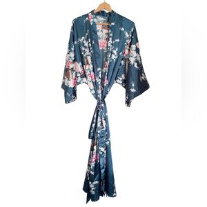 Kim + Ono Peacock & Blossom Green Floral Asian Japanese Inspired Kimono Robe OS